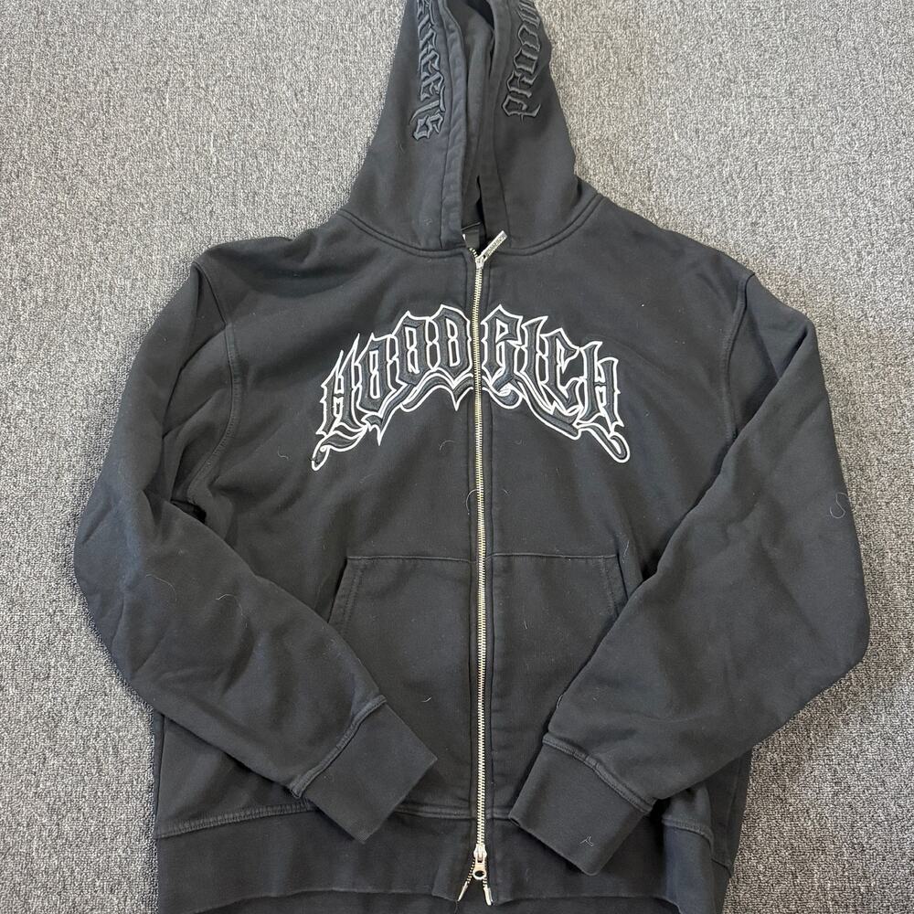 Vintage Y2k Hoodrich Skater Black Embroidered Full Zip Hoodie Sweatshirt Men's L